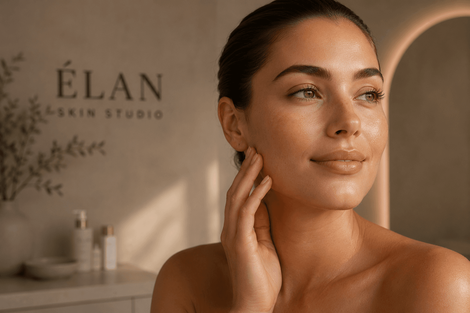 Close-up portret van een cliënt met een gezonde, stralende huid bij ÉLAN Skin Studio.