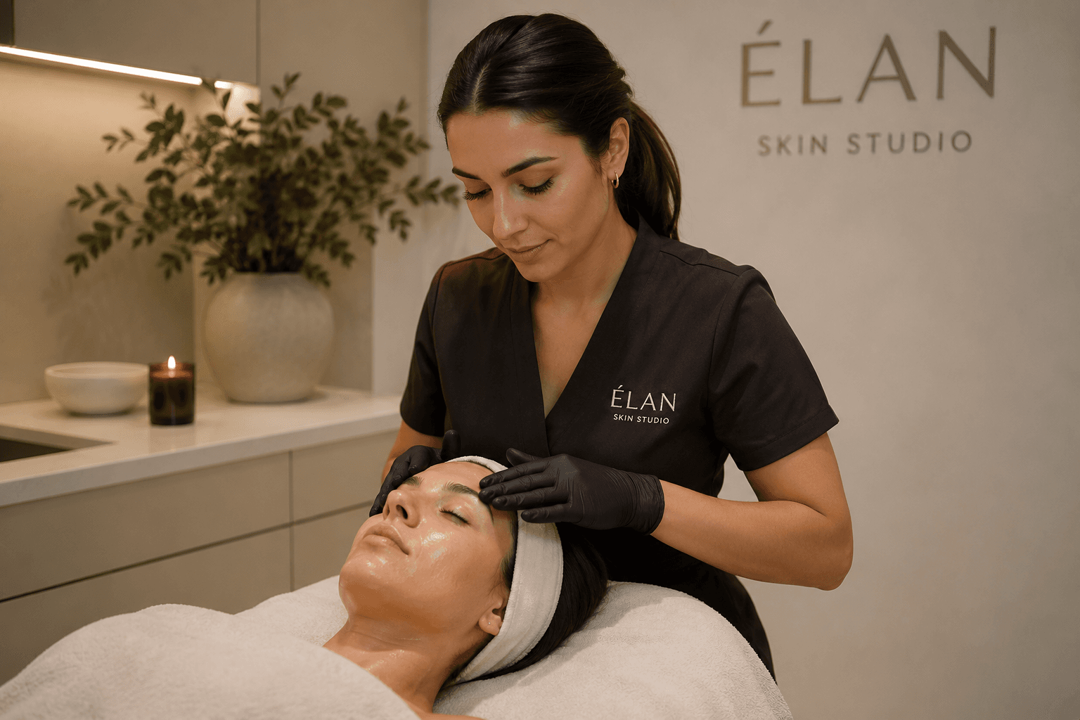Schoonheidsspecialist voert een behandeling uit bij ÉLAN Skin Studio.